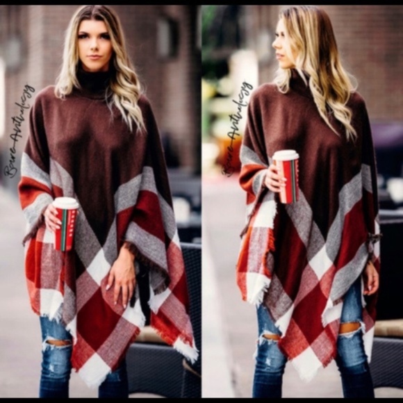 034 Cozy Brown Turtleneck Plaid Poncho - Picture 9 of 10